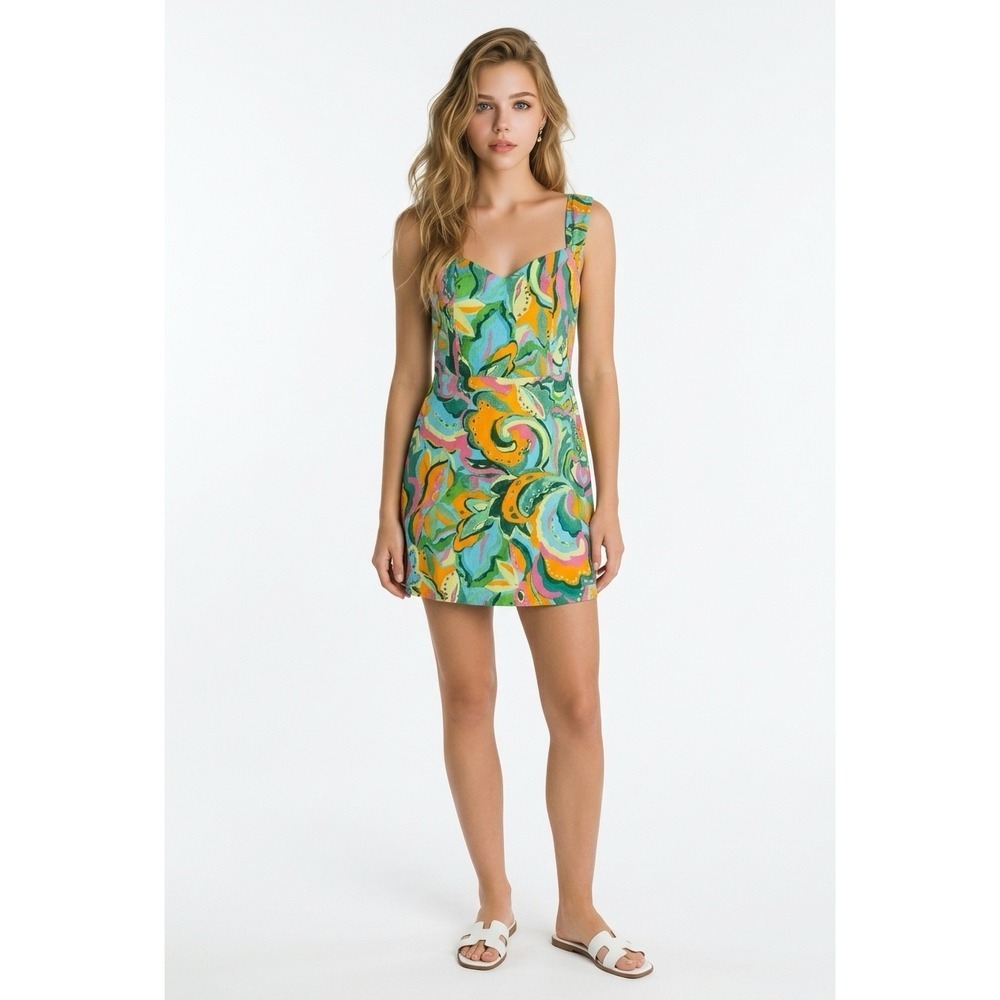 MNG Colorful  Swirl Print Sweetheart Mini Dress Multicolor Summer Festival M